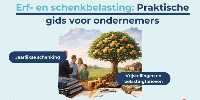 Headerafbeelding SFAA bij blog over erf- en schenkbelasting: illustratie van een gezin en adviseur bij een geldboom, met de tekst ‘Erf- en schenkbelasting: praktische gids voor ondernemers’, aandacht voor jaarlijkse schenking, vrijstellingen en belastingtarieven.