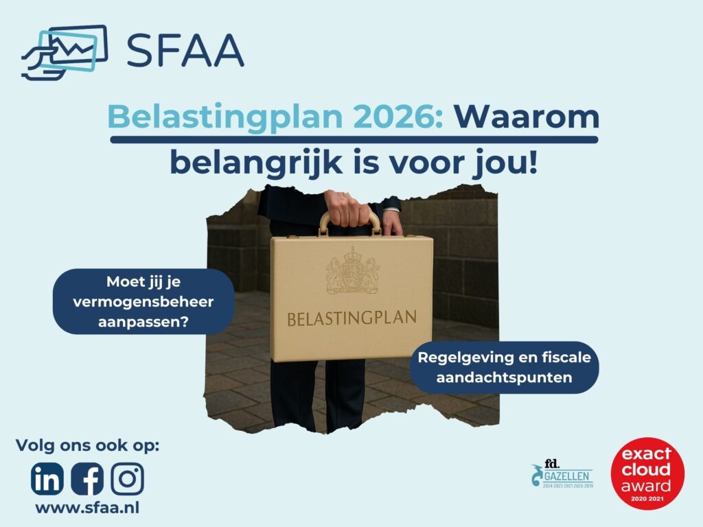Belastingplan 2026 Een persoon in een donkerblauw pak houdt een beige koffertje met opschrift "Belastingplan" en het Nederlandse rijkswapen vast, buiten voor een historisch gebouw.