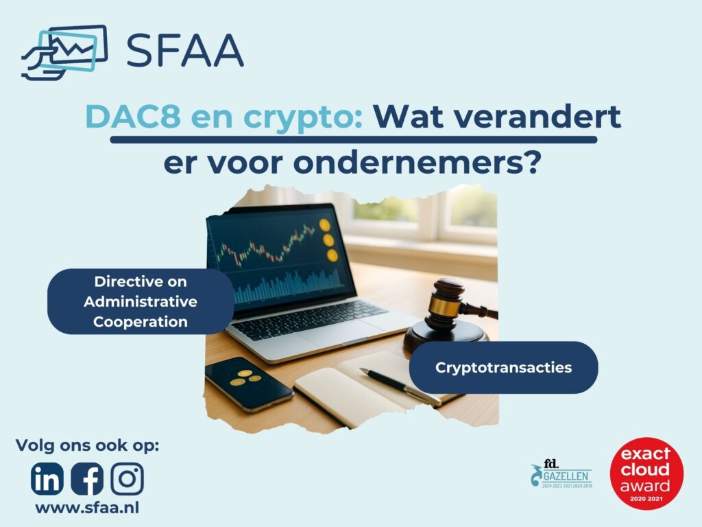DAC8 crypto administratie en naleving voor ondernemers, laptop met grafieken en gavel op bureau.